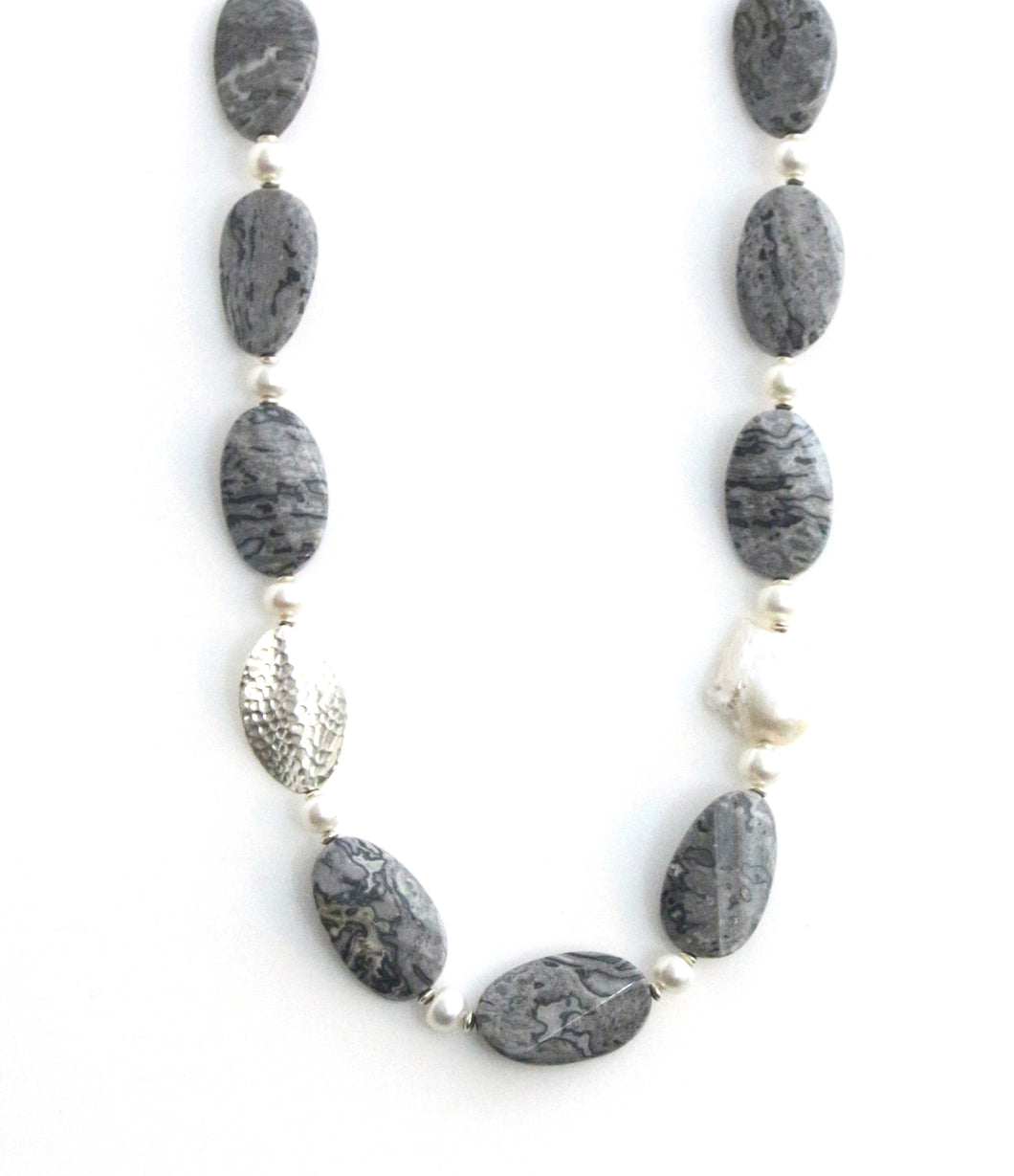 Australian Handmade Grey Necklace with Grey Lace Agate Baroque Pearl Pearls and Sterling Silver