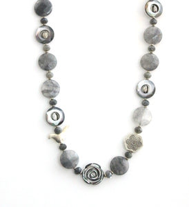 Australian Handmade Grey Necklace with Grey Rutile Quartz Labradorite MOP and Sterling Silver