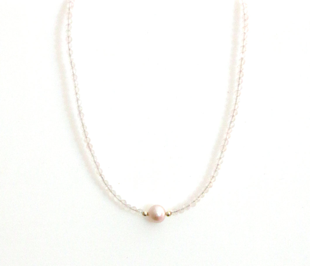 Australian Handmade Pink Necklace with Facetted Rose Quartz Natural Colour Pink Pearl and Sterling Silver
