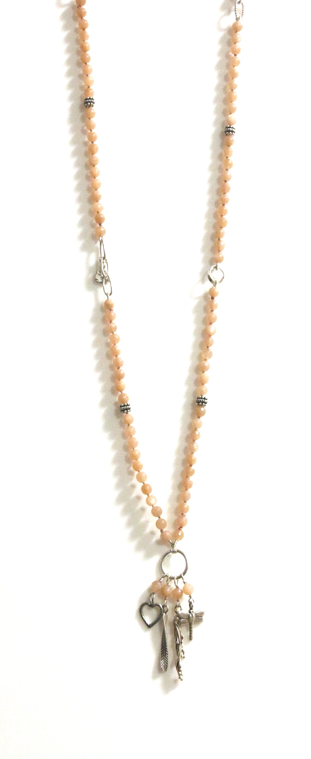 Australian Handmade Pink Long Necklace with Peach Moonstone and Sterling Silver Charms