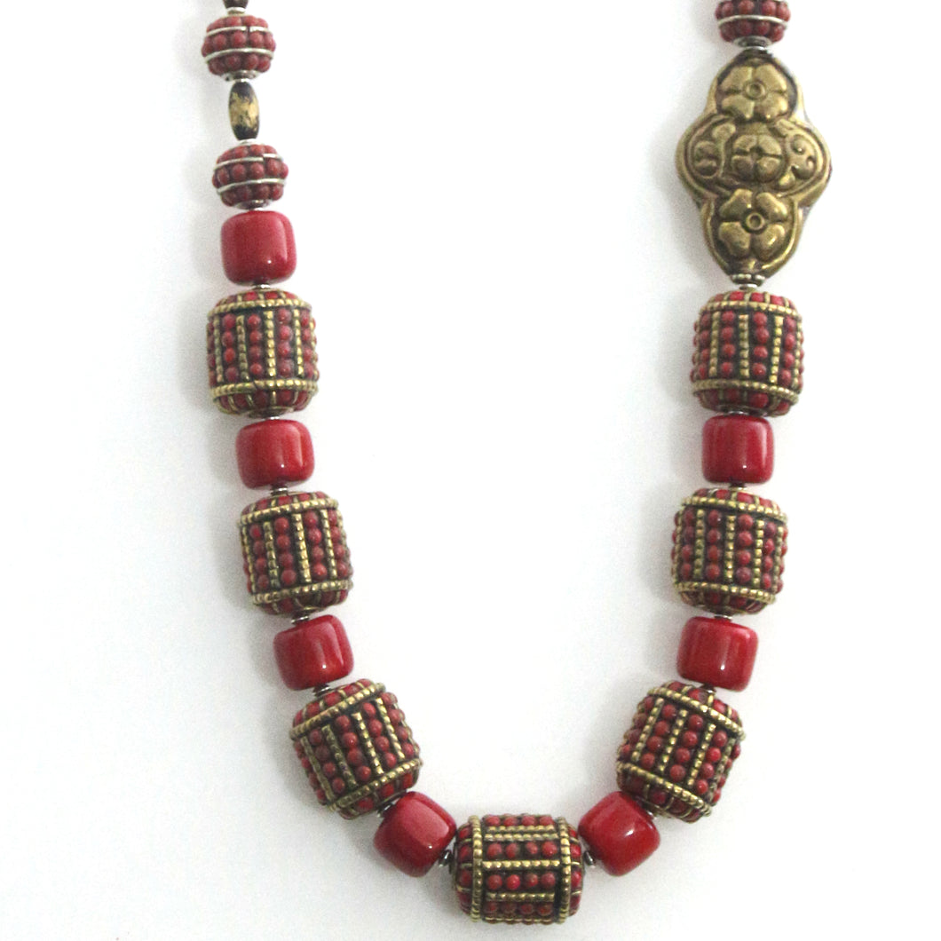 Australian Handmade Red Necklace with Coral Nepalese and Brass beads and Sterling Silver