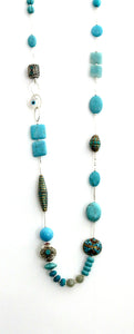 Australian Handmade Mid Length Necklace with Howlite Amazonite Aquamarine Nepalese Beads Turquoise and Sterling Silver