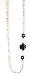 Australian Handmade White Freshwater Pearl Necklace with Onyx Lucky Knot and Onyx