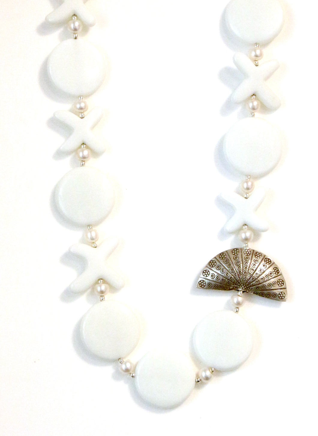 Australian Handmade White Agate and Pearl Necklace and Sterling Silver Fan