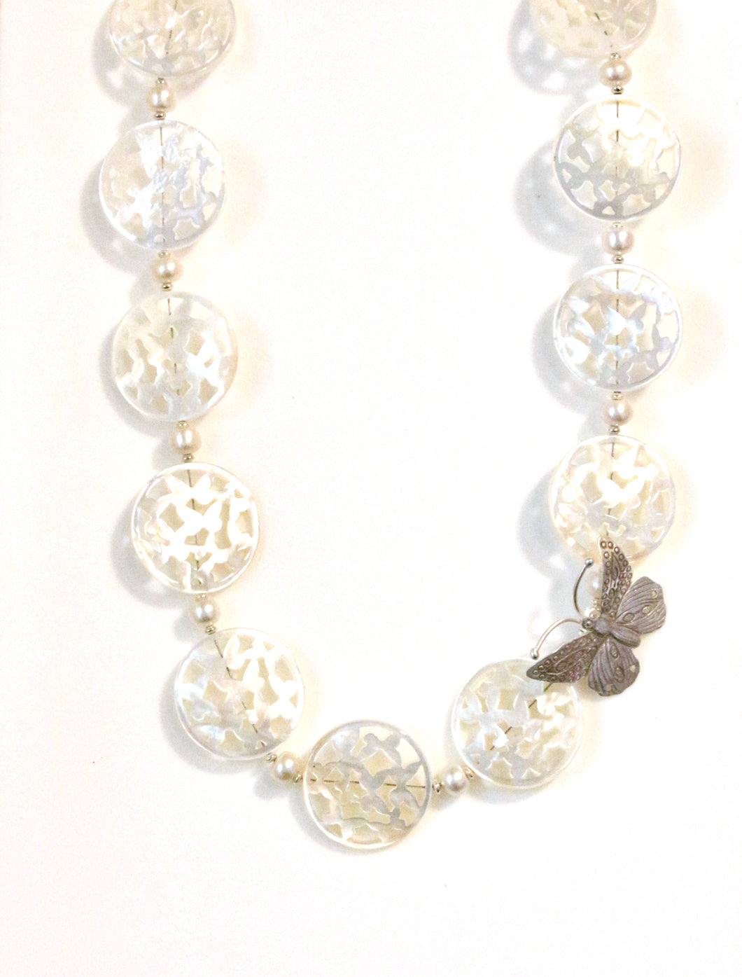 Australian Handmade White Necklace with Carved Mother of Pearl Pearls and Sterling Silver Butterfly