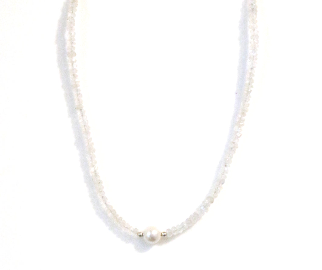 Australian Handmade White Necklace with Rainbow Moonstone and Pearls