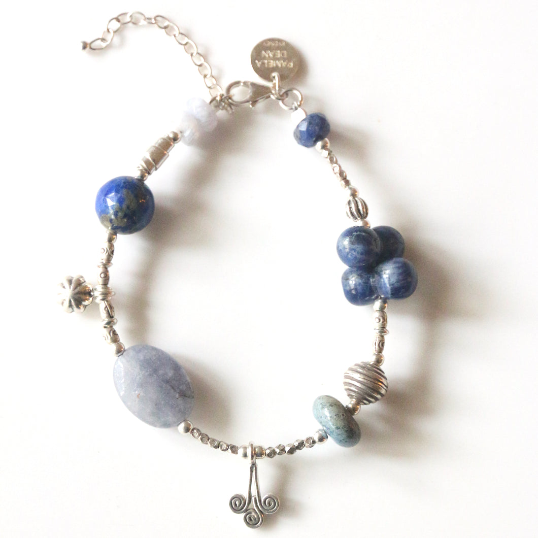 Blue Bracelet with Lapis Lazuli Dumortierite Blue Lace Agate Iolite and Sterling Silver