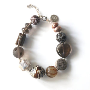 Brown Bracelet with Smoky Quartz Pearls Agate Tibetan Bead and Sterling Silver