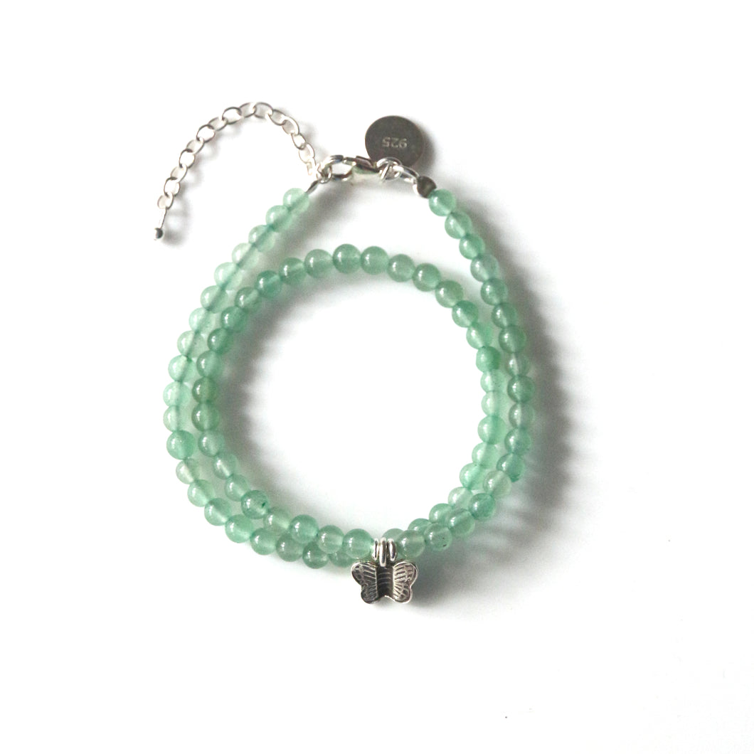 Green Double Wrap Bracelet with Aventurine and Sterling Silver Butterfly