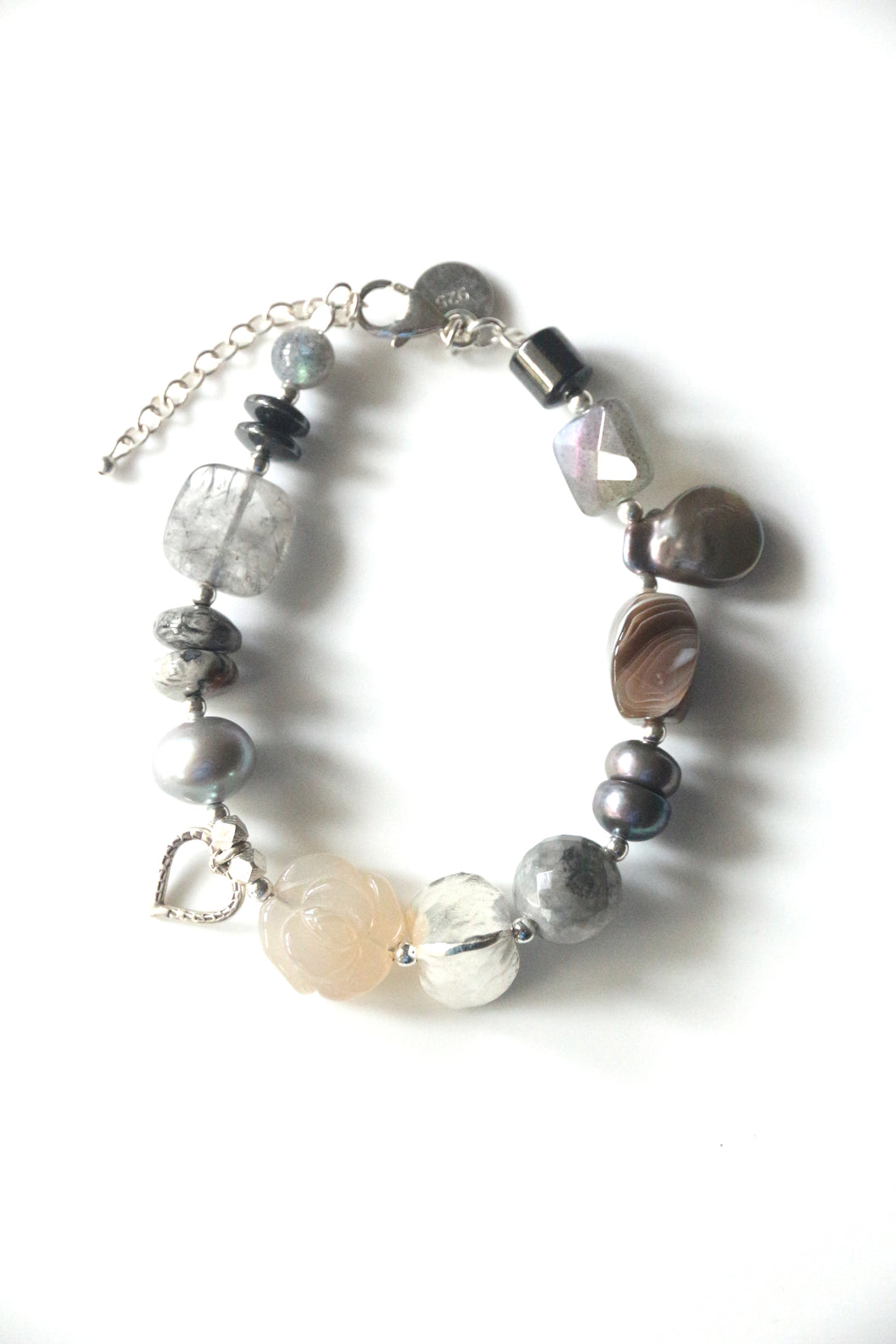 Grey Bracelet with Agate Pearls Rutile Quartz Hematite and Sterling Silver