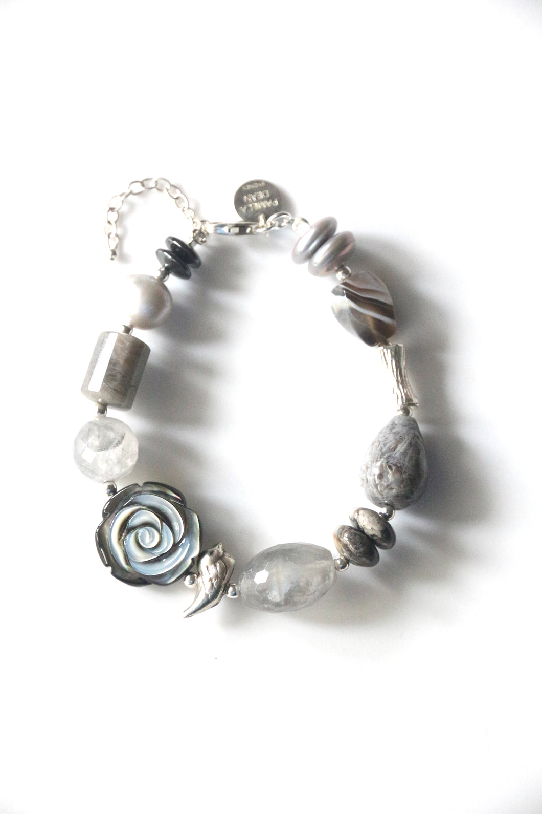 Grey Bracelet with MOP Pearls Rutile Quartz Labradorite and Sterling Silver