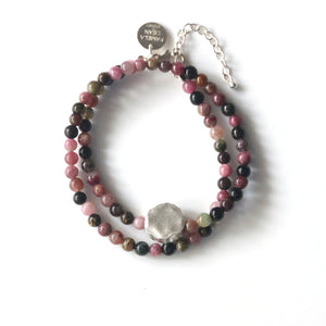 Pink Multi Colour Tourmaline Double Wrap Bracelet and Sterling Silver