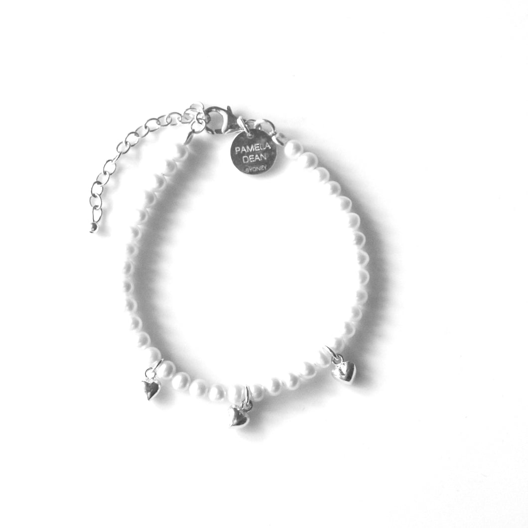 White Pearl Bracelet with Sterling Silver Hearts