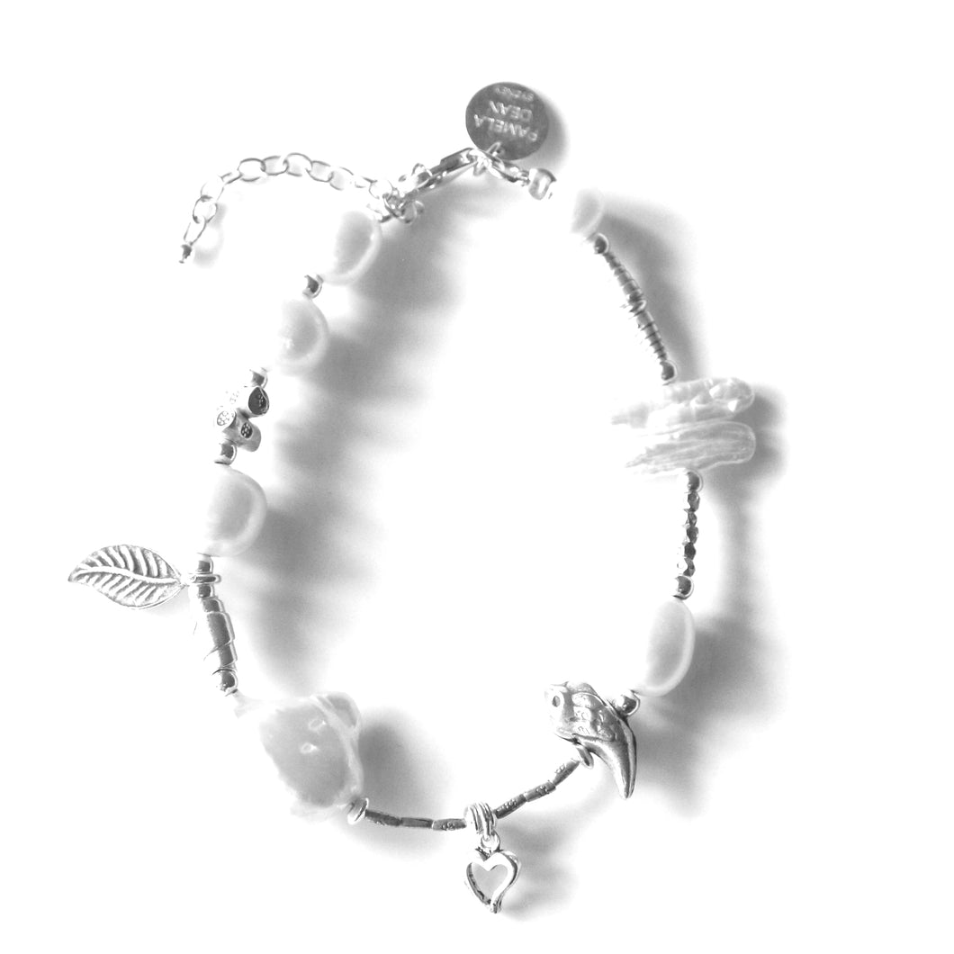 White Pearl Bracelet with Sterling Silver Charms