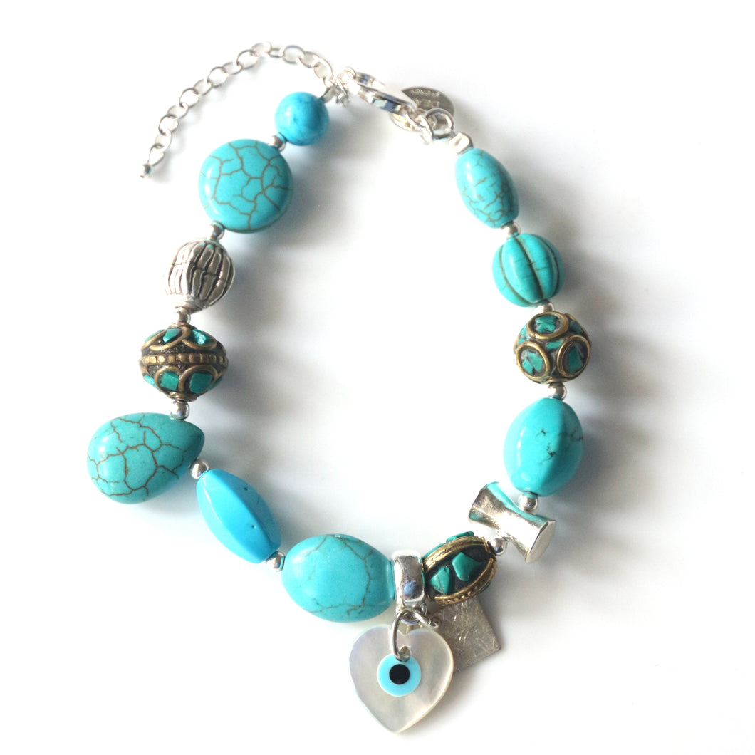 Turquoise Colour Bracelet with  Nepalese Beads MOP Howlite and Sterling Silver