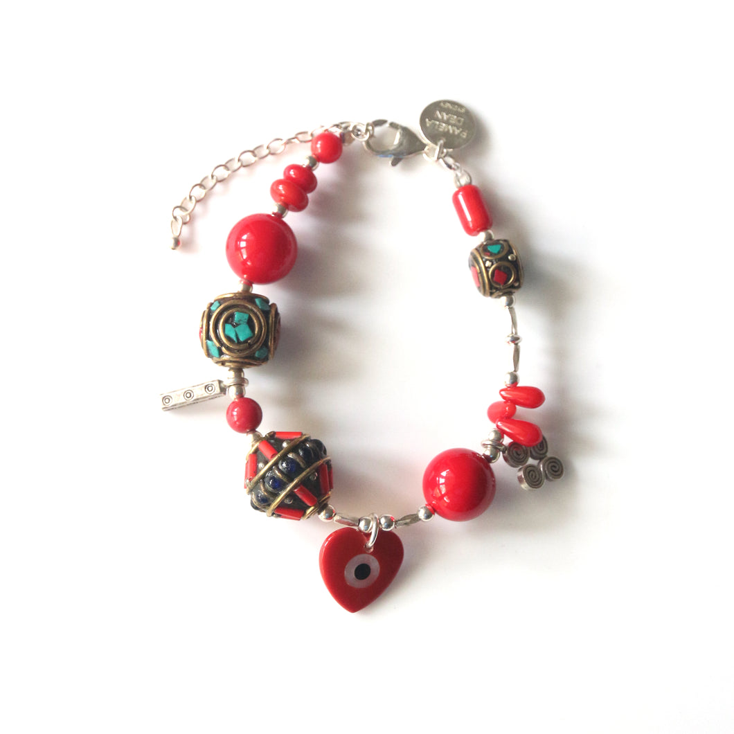 Red  Bracelet with Sterling Silver Nepalese Beads MOP and Coral