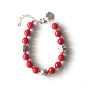 Red Coral Beaded Bracelet with Decorative Sterling Silver Beads