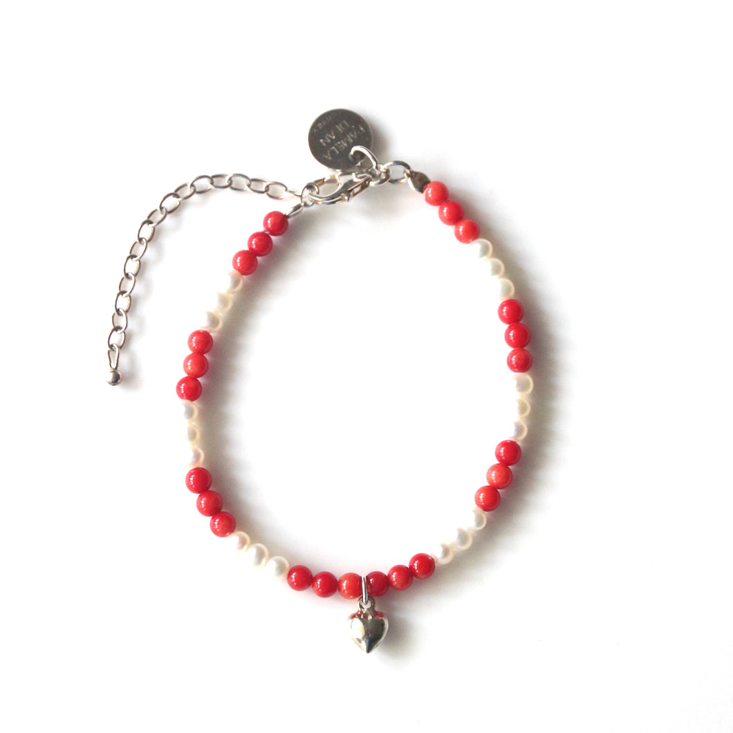 Red Coral Bracelet with Pearls and Sterling Silver Heart
