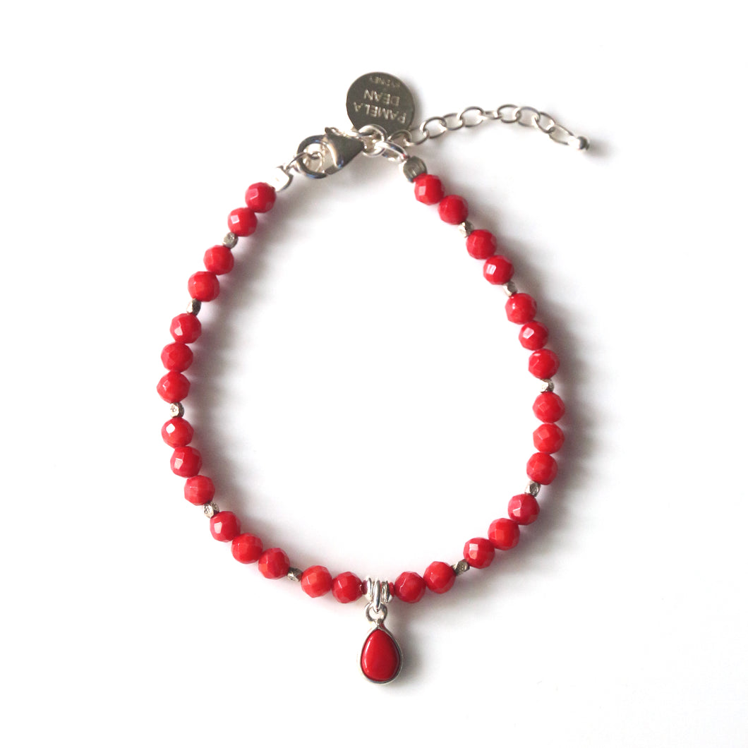 Red Facetted Coral Bracelet with Sterling Silver and Pendant