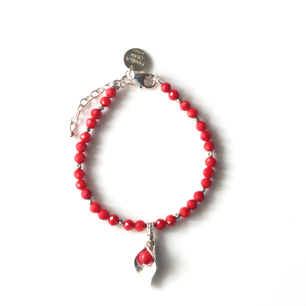 Red  Bracelet with Facetted Coral and Sterling Silver