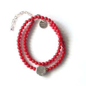 Red Coral Double Wrap Bracelet with Sterling Silver Charm