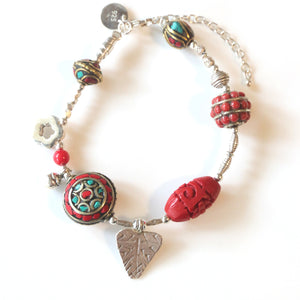 Red Bracelet with Sterling Silver  Nepalese Beads and Cinnabar