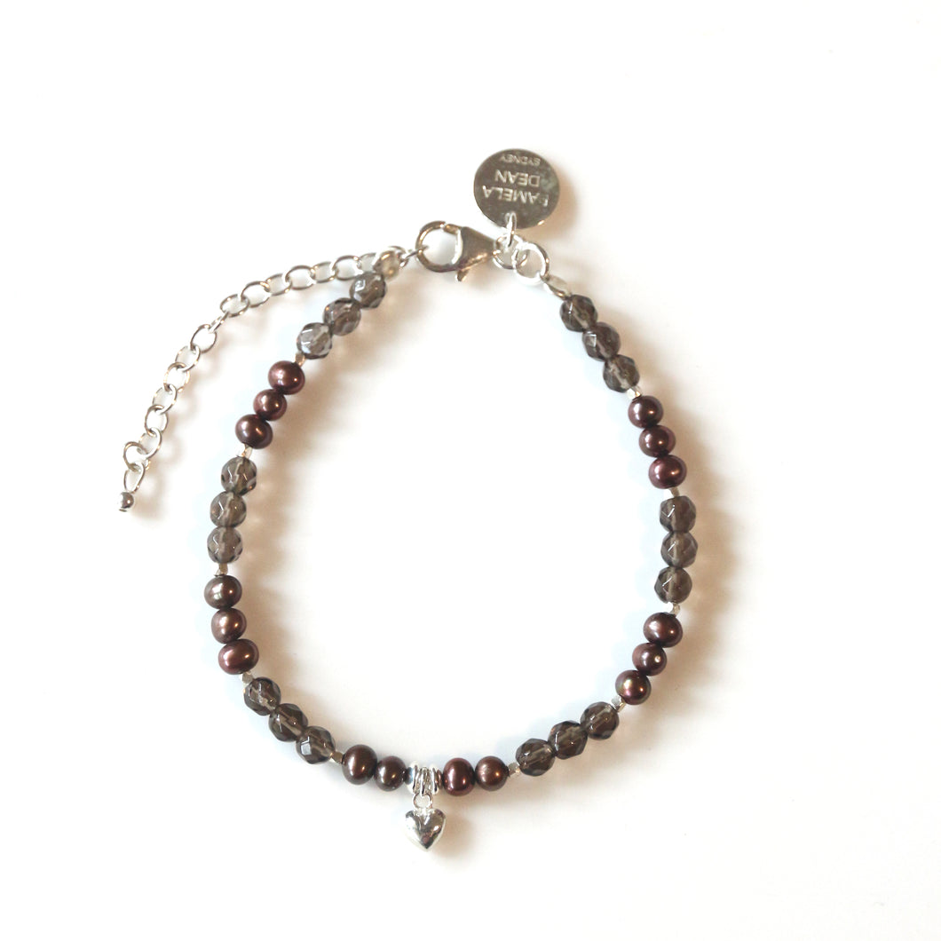 Brown Bracelet with Smoky Quartz Pearls and Sterling Silver Heart