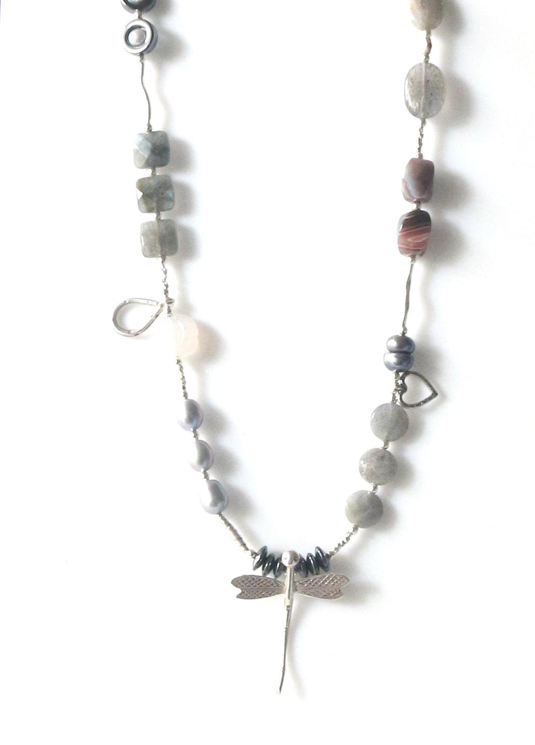 Australian Handmade Grey Necklace with Labradorite Agate Pearls Hematite and Sterling Silver