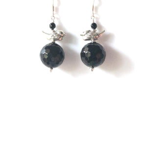 Black Earrings with Facetted Onyx and Sterling Silver Birds