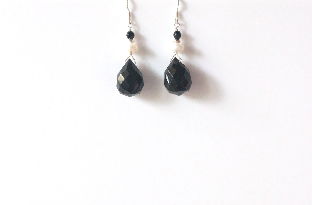 Black Earrings with Facetted Teardrop Onyx Pearls and Sterling Silver