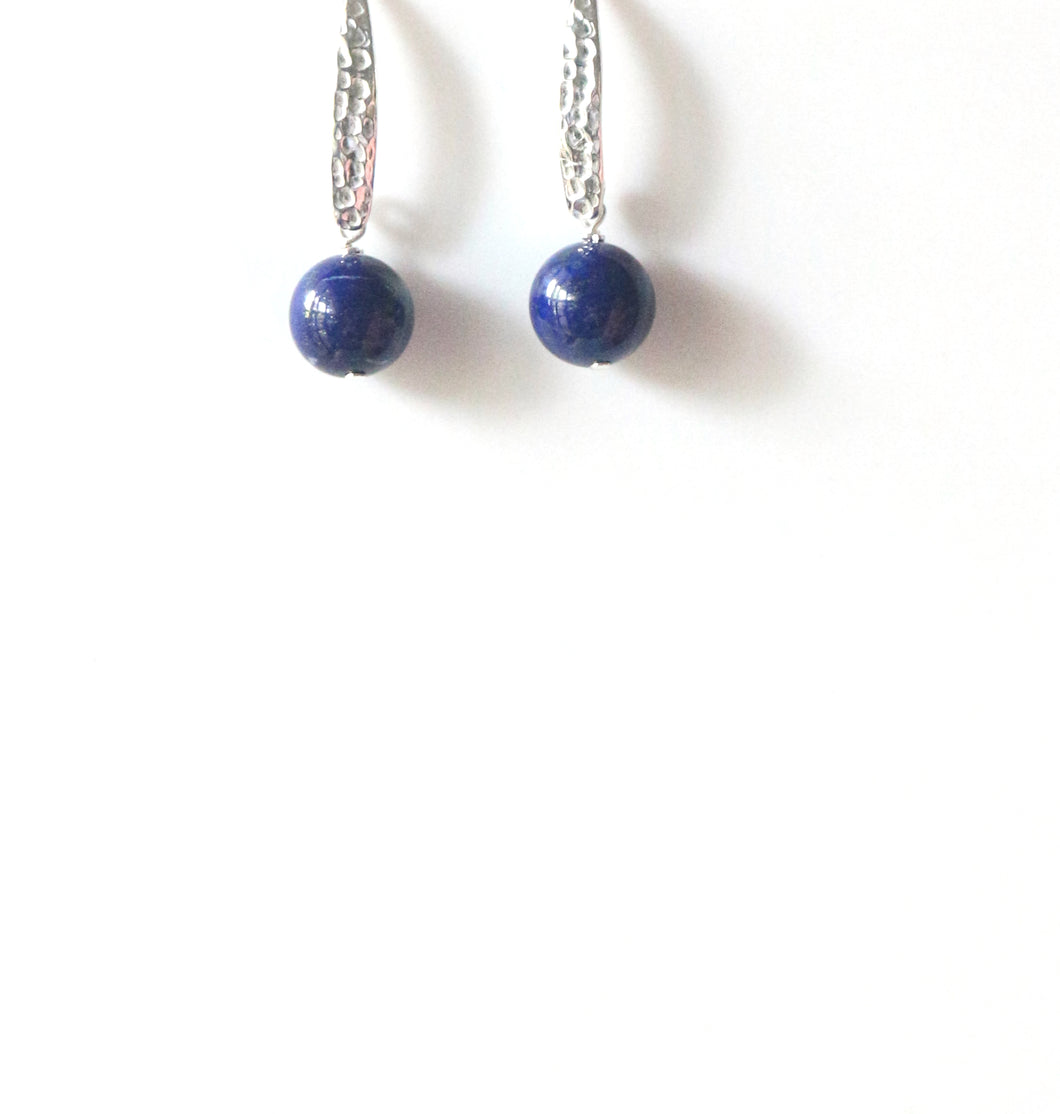 Blue Earrings with Lapis Lazuli and Beaten Sterling Silver Hooks