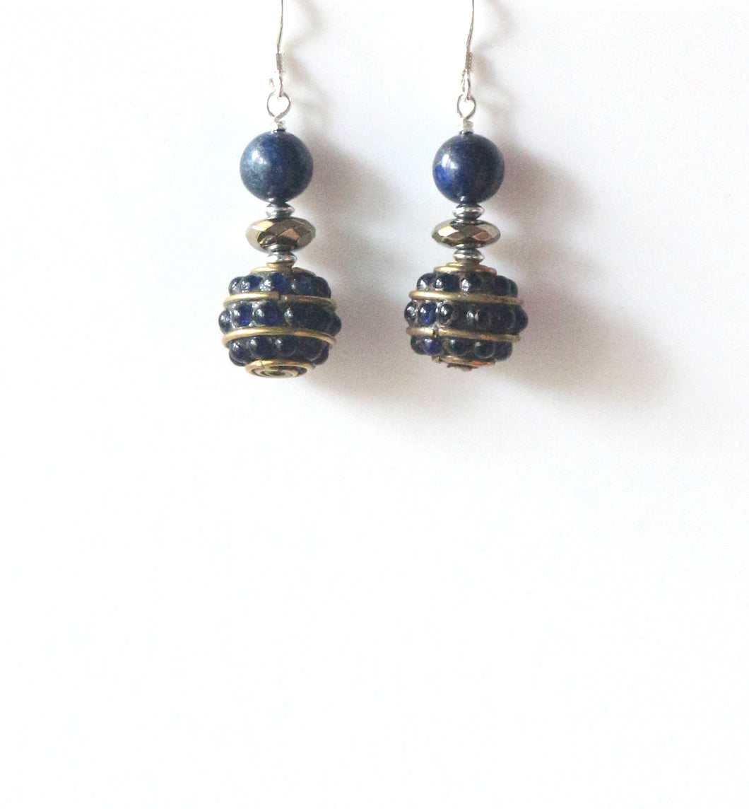 Blue Earrings with Nepalese Beads Lapis Lazuli Pyrite and Sterling Silver