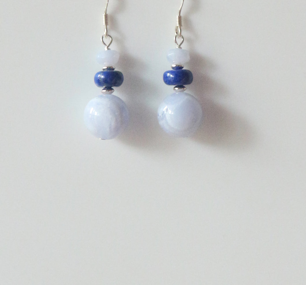 Blue Lace Agate Earrings with Lapis Lazuli and Sterling Silver
