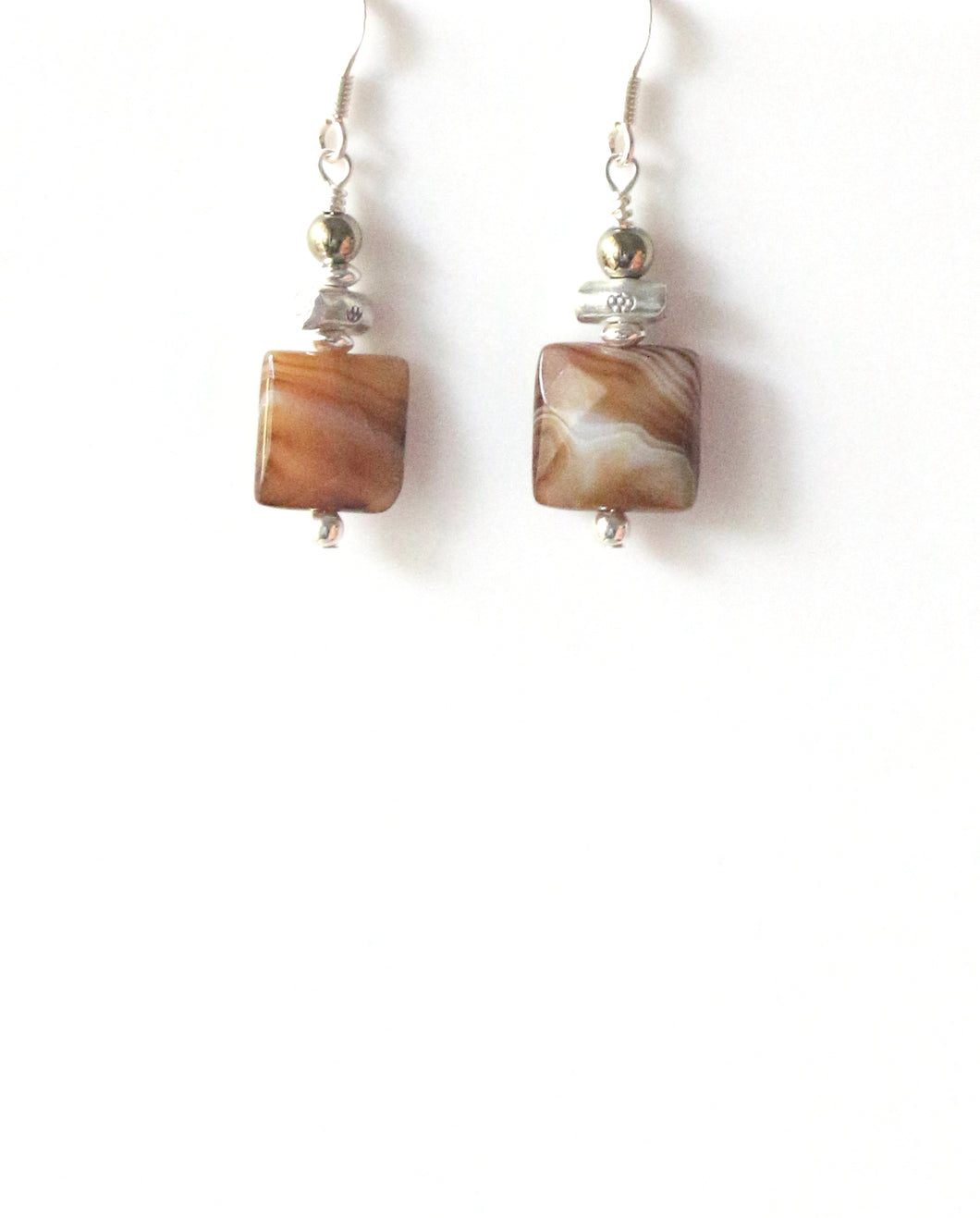 Brown Earrings with Facetted Agate Pyrite and Sterling Silver