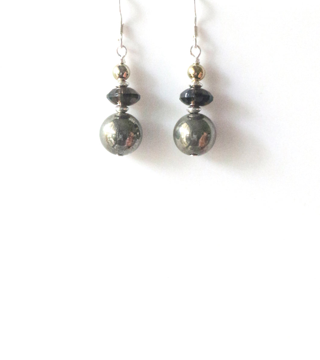 Brown Earrings with Pyrite Smoky Quartz and Sterling Silver