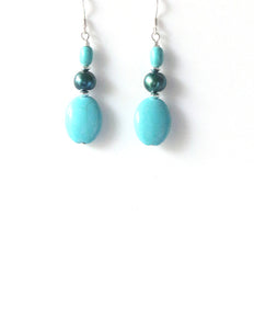 Turquoise Colour Howlite Earrings with Pearl and Sterling Silver