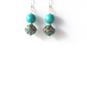 Turquoise Colour Earrings with Howlite Nepalese Bead and Sterling Silver