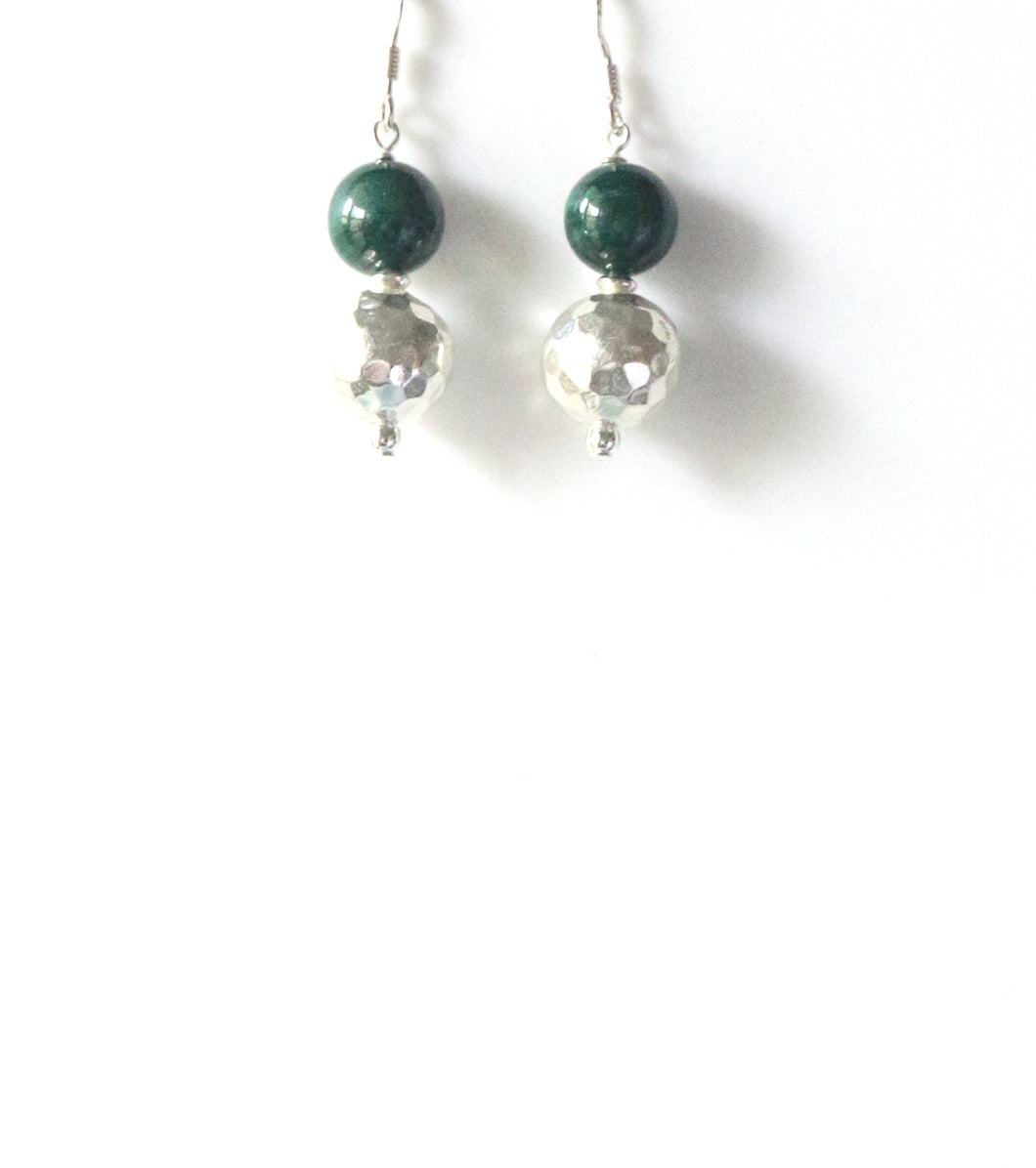 Green Earrings with Malachite and Beaten Sterling Silver Balls