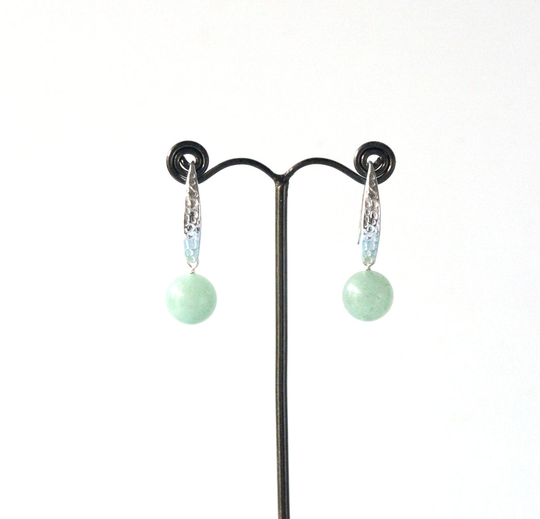 Green Earrings with Aventurine and Beaten Sterling Silver Hooks