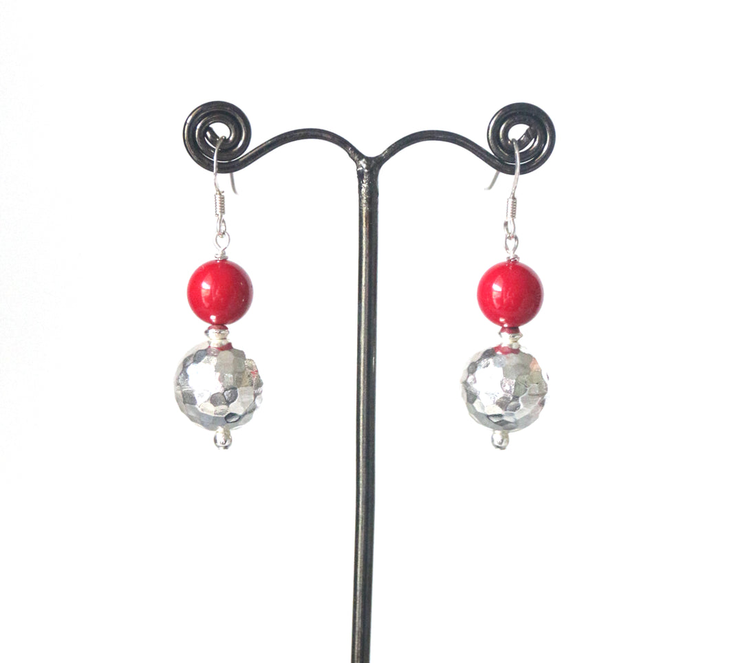 Red Coral and Beaten Sterling Silver Bead Earrings