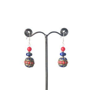 Red Coral Earrings with Lapis Lazuli Nepalese Beads and Sterling Silver