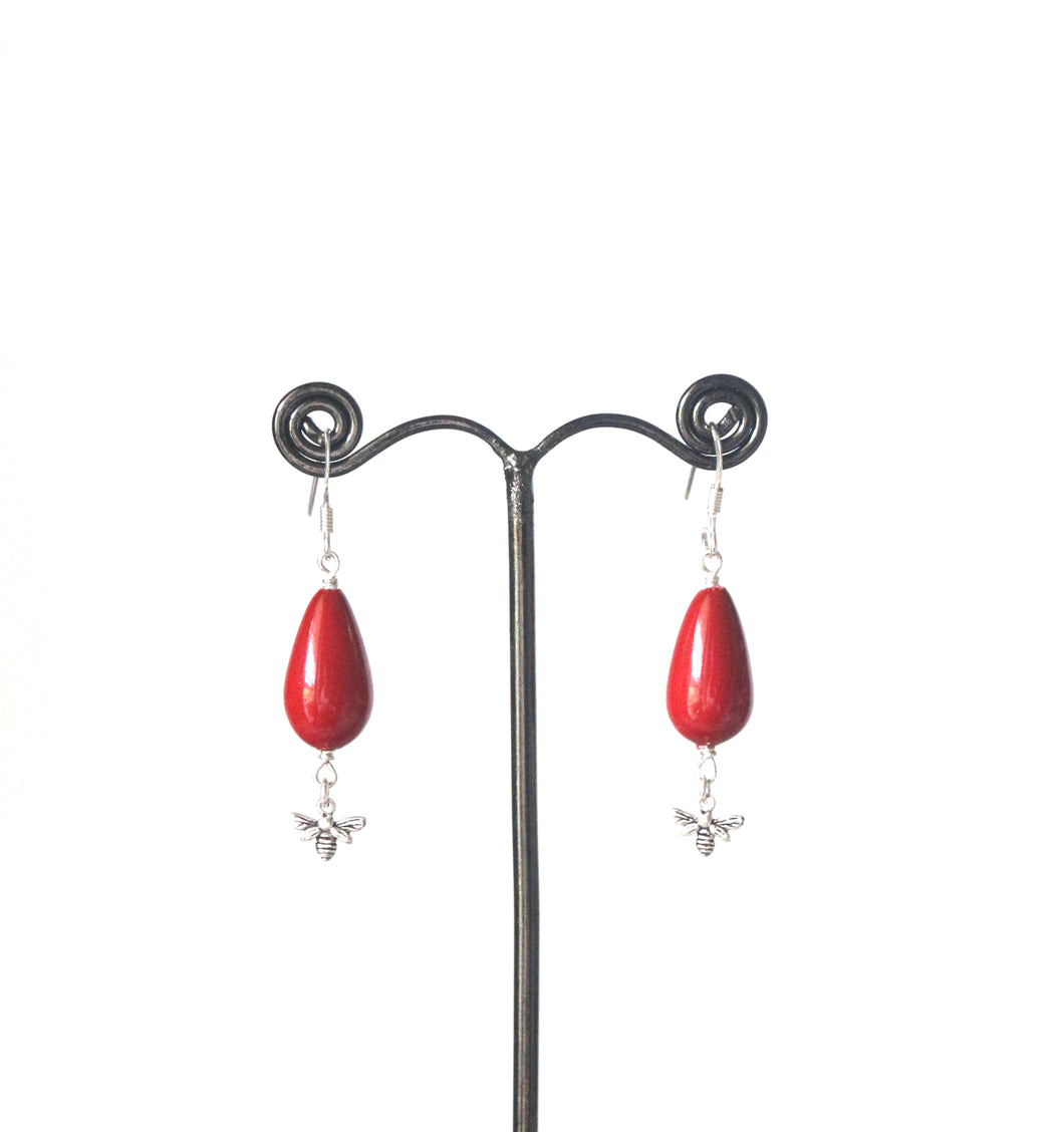 Red  Earrings with Sterling Silver Bee