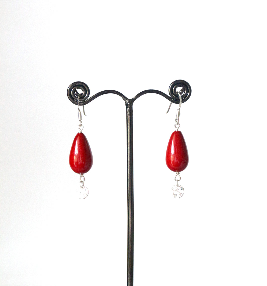 Red Earrings with Sterling Silver Beaten Discs