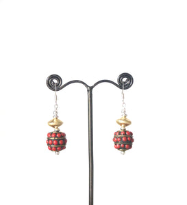 Red Earrings with Nepalese Bead and Coral Inset and Gold Plated Sterling Silver