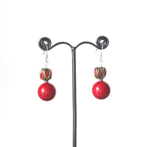 Red Earrings with Coral Nepalese Bead and Sterling Silver