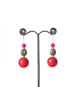 Red Earrings with Coral Nepalese Bead and Sterling Silver