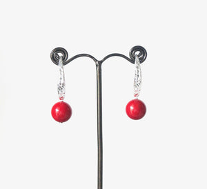 Red Earrings with Coral and Beaten Sterling Silver Hooks