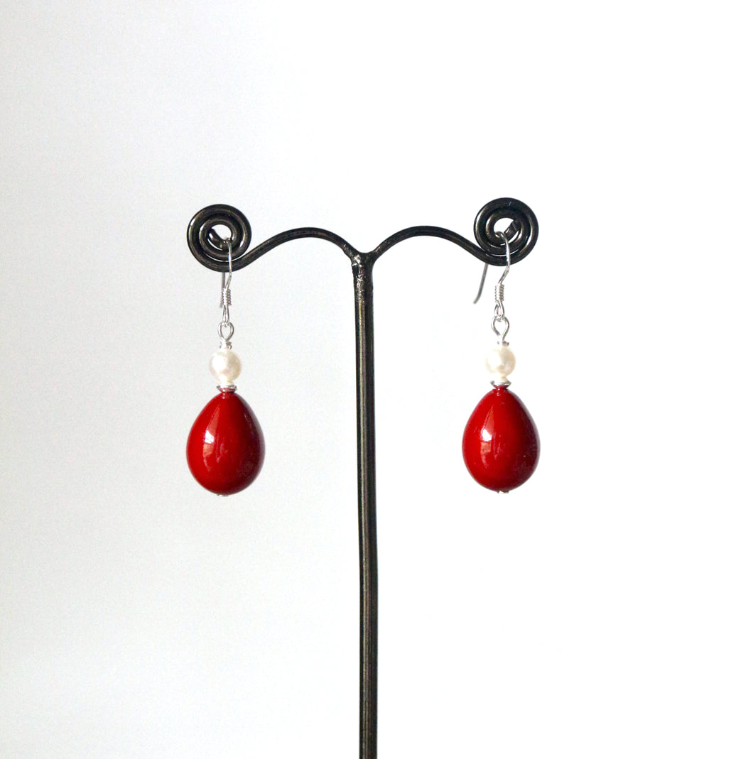 Red Earrings with Pearl and Sterling Silver