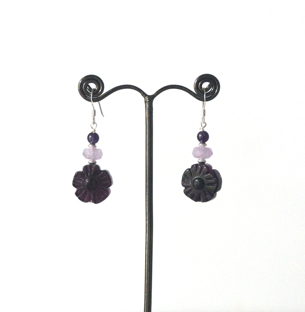 Purple Earrings with Fluorite and Light and Dark Amethyst and Sterling Silver