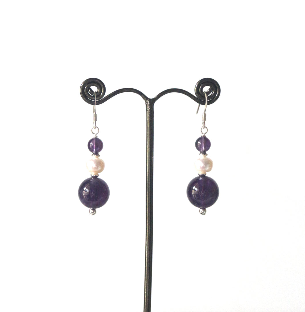 Purple Polished Dark Amethyst with Pearl and Sterling Silver